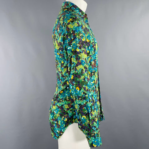 DRIES VAN NOTEN 2020 Size 36 Blue Green Sequined Viscose Long Sleeve Shirt