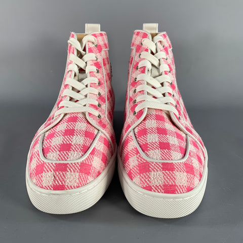 CHRISTIAN LOUBOUTIN Size 9 Pink White Checkered Fabric High Top Sneakers