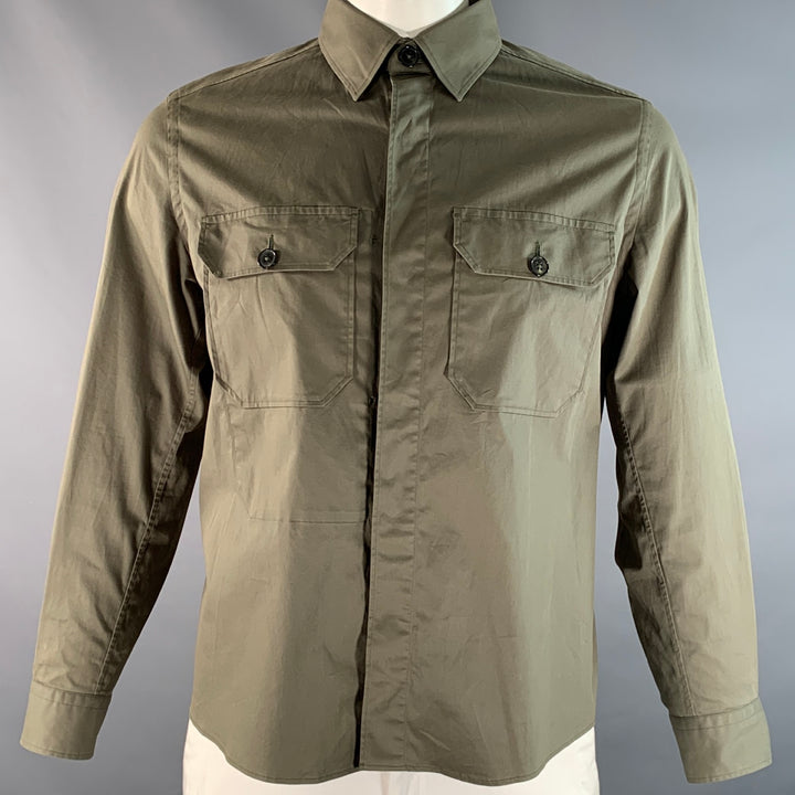 ERMENEGILDO ZEGNA Size M Olive Cotton Blend Patch Pockets Long Sleeve Shirt