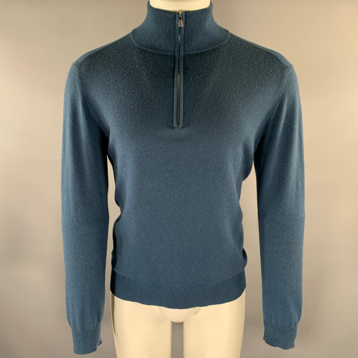 HERMES Size M Blue Ribbed Cashmere Quarter Zip Sweater