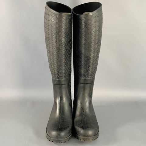BOTTEGA VENETA Taille 8 Bottes de Pluie en Caoutchouc Noir Tressé Intrecciato