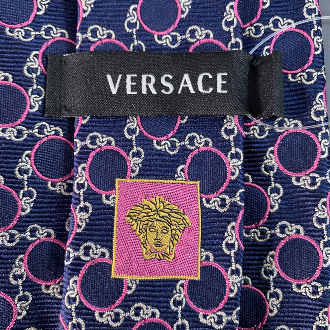 VERSACE Navy Pink Chain Link Circles Jacquard Silk Tie