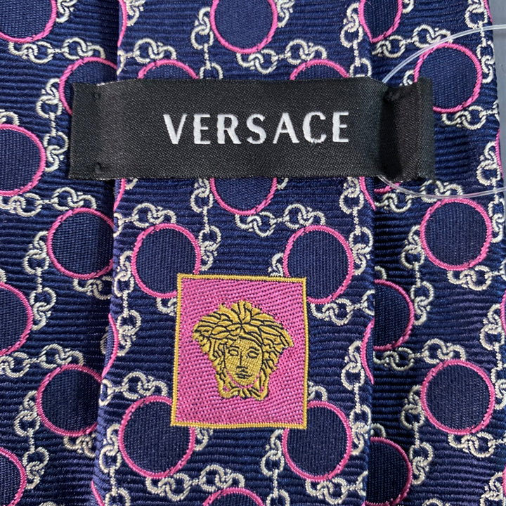 VERSACE Navy Pink Chain Link Circles Jacquard Silk Tie