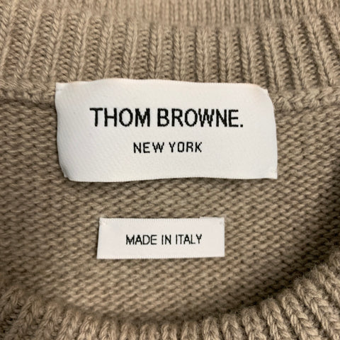 THOM BROWNE Size XL Oatmeal White Stripe Wool Knit Crew-Neck Sweater