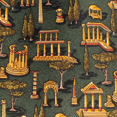 SALVATORE FERRAGAMO Gold Dark Green Greek Architecture Silk Tie