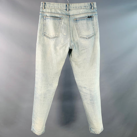 SAINT LAURENT Size 31 Blue Distressed Cotton Tapered Zip Fly Jeans