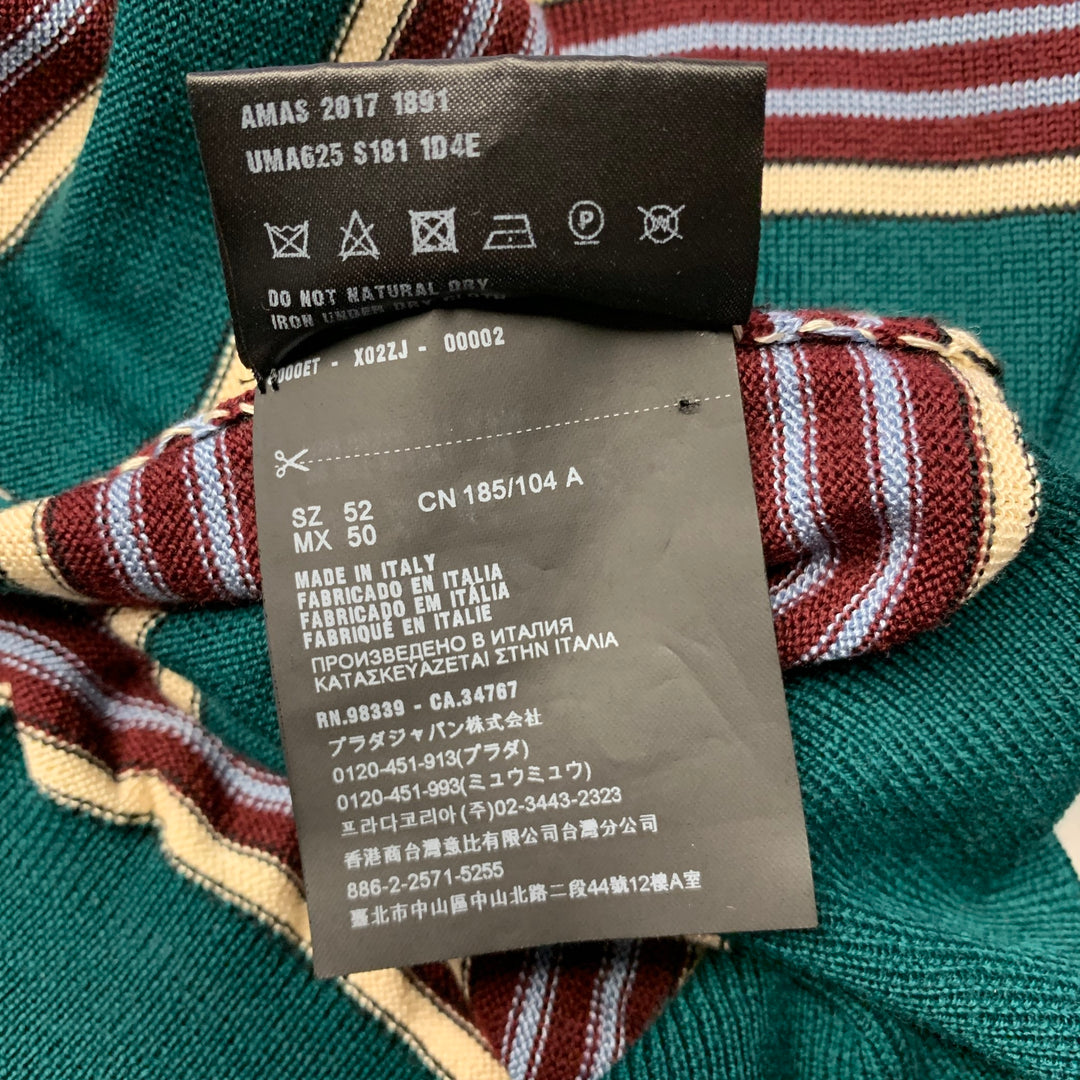 PRADA Size L Green Burgundy & White Stripe Virgin Wool / Silk Half Placket Polo