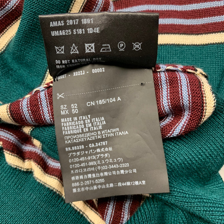 PRADA Size L Green Burgundy & White Stripe Virgin Wool / Silk Half Placket Polo