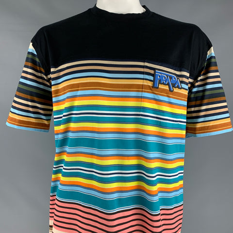 PRADA Size XL Black Multi-Color Stripe Cotton Crew Neck T-shirt