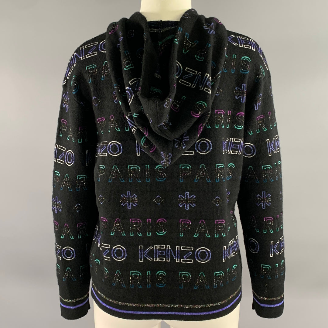 KENZO Size S Black Metallic Wool Blend Logo Cropped Hoodie