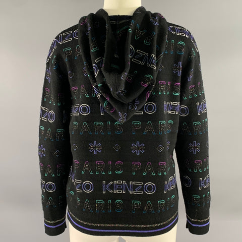 KENZO Size S Black Metallic Wool Blend Logo Cropped Hoodie