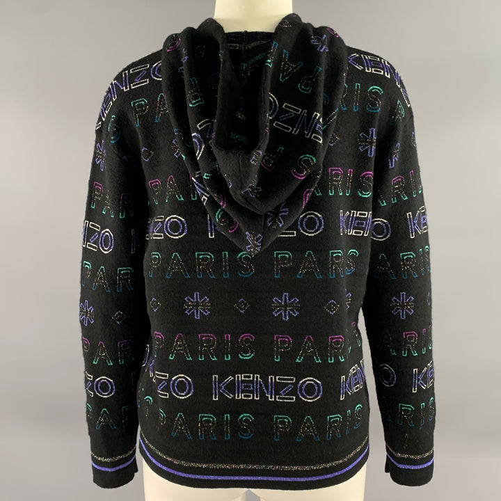 KENZO Size S Black Metallic Wool Blend Logo Cropped Hoodie