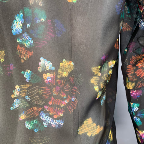 DRIES VAN NOTEN Size XS Black Multi Color Floral Sequined Long Sleeve Shirt
