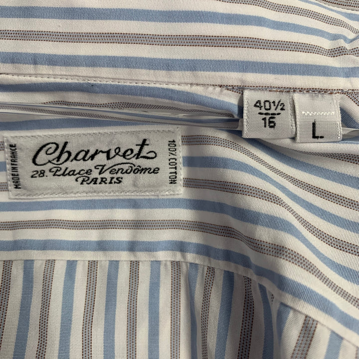 CHARVET Size M White Blue Grey Stripe Cotton Curved Cutaway Long Sleeve Shirt