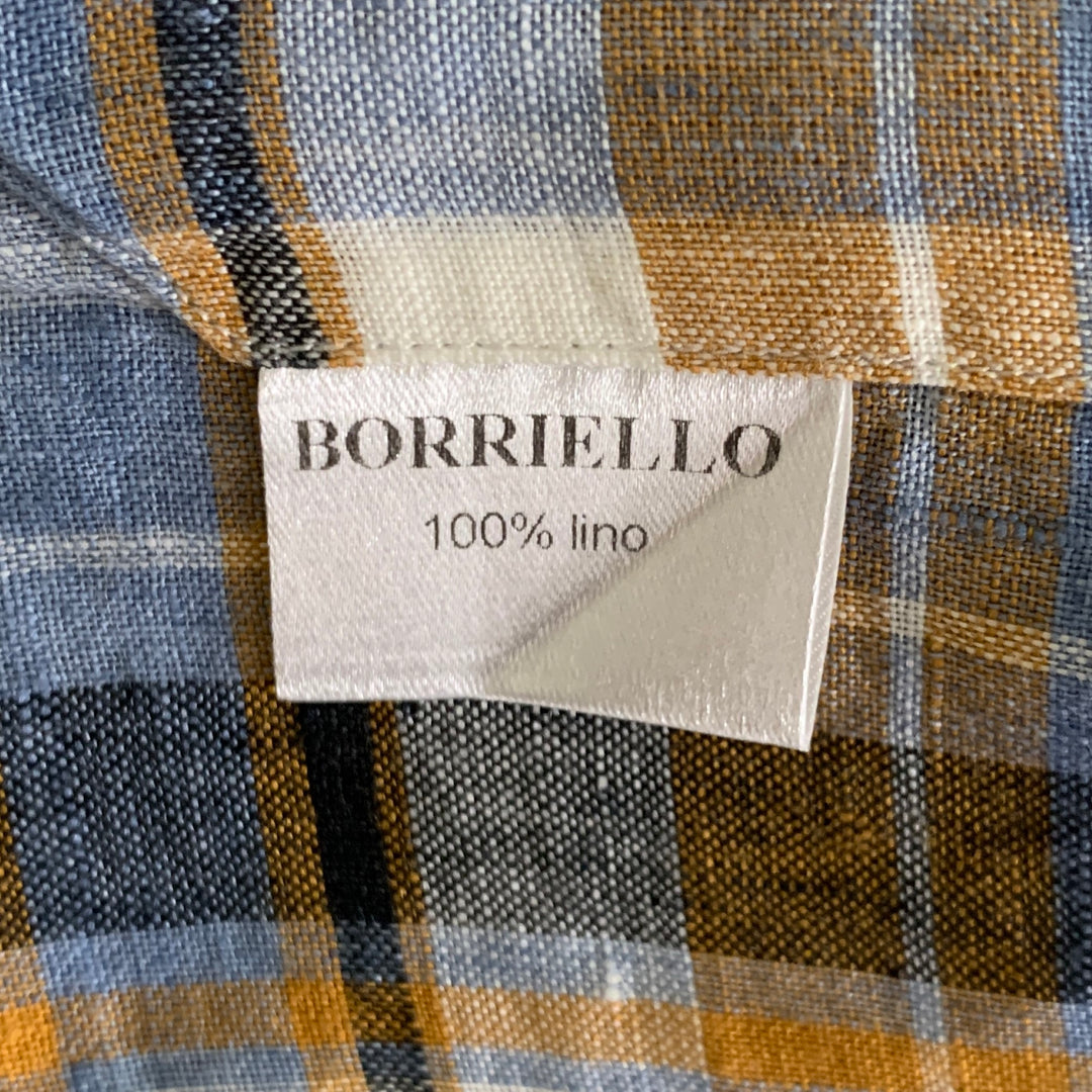 Chemise à manches longues BORRIELLO en lin à col italien à carreaux bleu, orange et blanc, taille XL