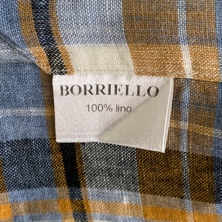 Chemise à manches longues BORRIELLO en lin à col italien à carreaux bleu, orange et blanc, taille XL