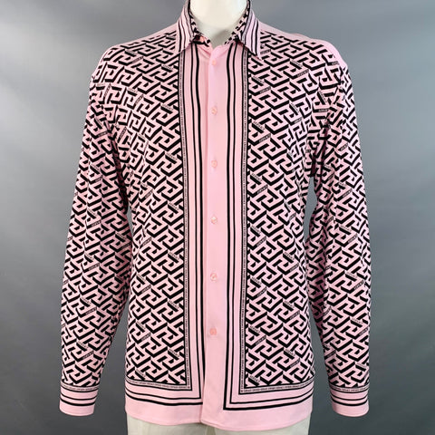 VERSACE Size 48 Pink Black Greca Viscose Point Collar Heritage Fit Long Sleeve Shirt