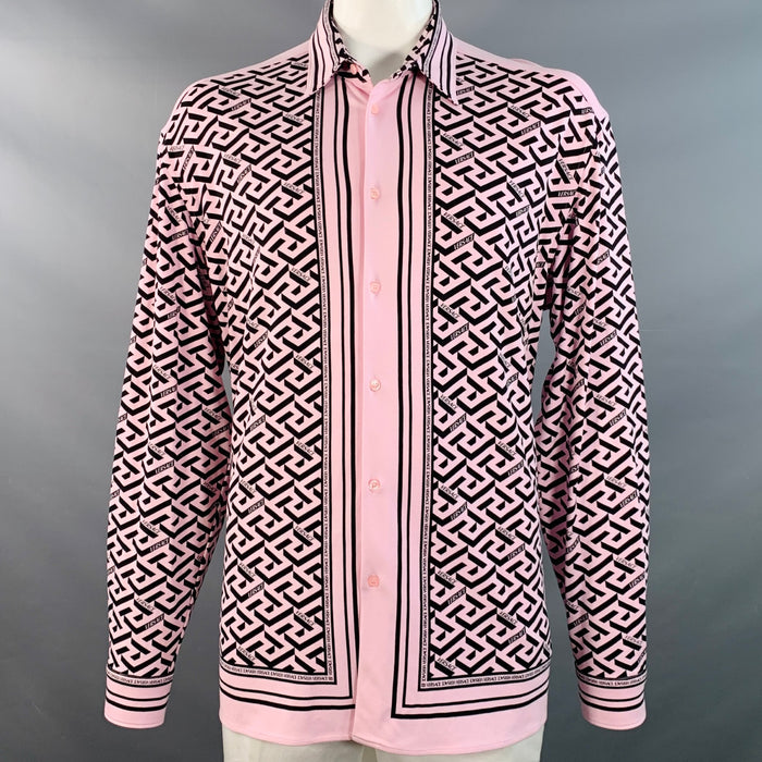 VERSACE Size 48 Pink Black Greca Viscose Point Collar Heritage Fit Long Sleeve Shirt