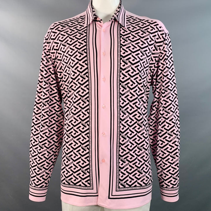 VERSACE Size 48 Pink Black Greca Viscose Point Collar Heritage Fit Long Sleeve Shirt