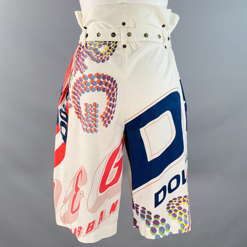 D&G by DOLCE & GABBANA Size 4 White Multi Color Cotton Logo Belted Shorts