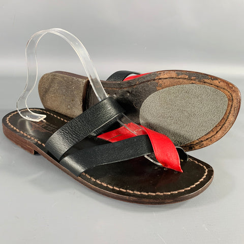 PRELUDIO Size 12 Black Red Leather Strappy Sandals