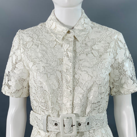 TOCCIN(NY) Size 2 Ivory Polyester Lace A-Line Belted Shirt Dress