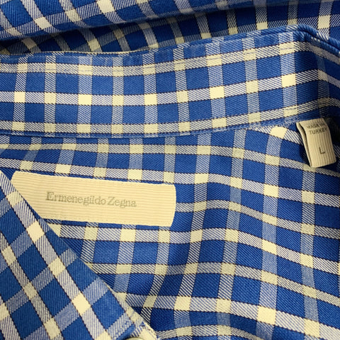 ERMENEGILDO ZEGNA Size L Blue White Checkered Cotton Long Sleeve Shirt