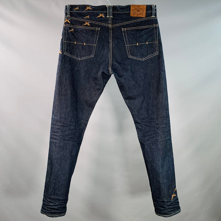 RRL by RALPH LAUREN Size 36 Indigo Cotton Selvedge Twill Straight Embroidered Birds Jeans