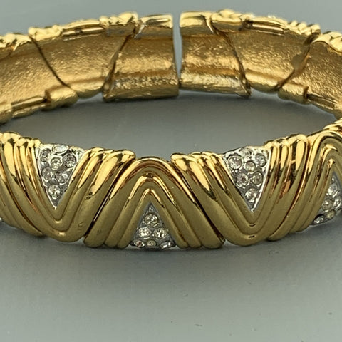 Vintage Gold Tone Metal Rhinestones Textured Open Cuff Bracelet