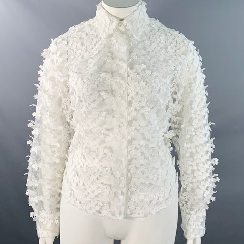 CYNTHIA ROWLEY Size L White Polyester Floral Lace Button Up Shirt