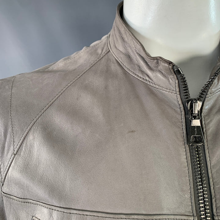 JOHN VARVATOS Size L Grey Leather Zip Up Moto Racer Jacket