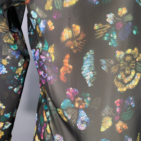 DRIES VAN NOTEN Size XS Black Multi Color Floral Sequined Long Sleeve Shirt