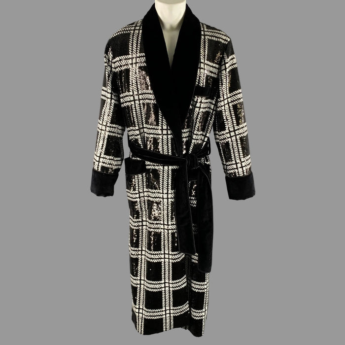 DOLCE & GABBANA TAILORED by Size 46 Black White Sequined Plaid Cotton Robe Coat