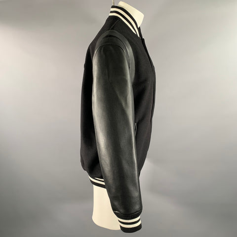 BALMAIN Size 40 Black Red White Patch Wool Faux Leather Varsity Jacket