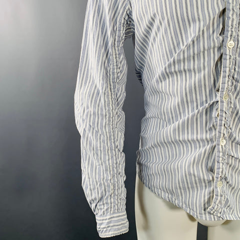 UNDERCOVER SS17 Size M White Blue Stripe Cotton Ruched One Pocket Long Sleeve Shirt