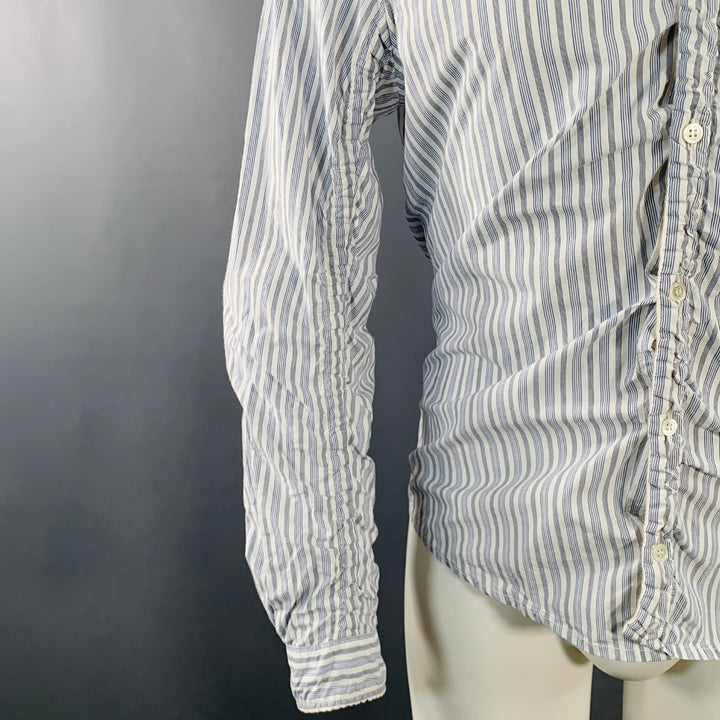 UNDERCOVER SS17 Size M White Blue Stripe Cotton Ruched One Pocket Long Sleeve Shirt