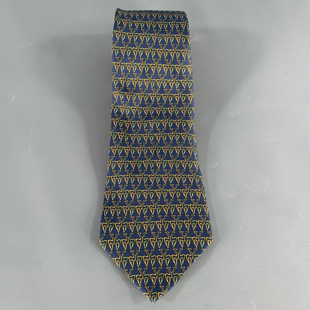 SALVATORE FERRAGAMO Navy Yellow Green Abstract Silk Tie