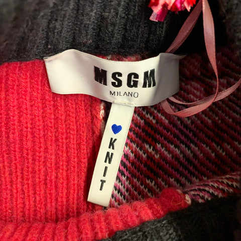 MSGM Size S Pink Multi Color Wool Blend Patchwork Crew Neck Sweater