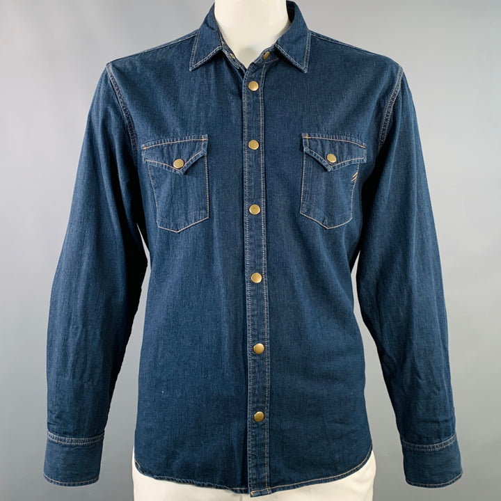 BILLY REID Size XL Shoals Blue Indigo Contrast Stitch Cotton Snaps Long Sleeve Shirt