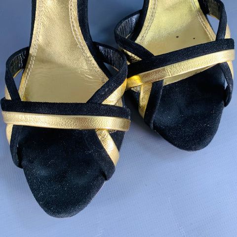 RALPH LAUREN COLLECTION Size 6 Black Metallic Gold Suede Leather Strappy Ankle Strap Sandals
