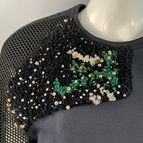 FENDI Fall 2014 Size 6 Navy Green Polyamide Blend Patchwork Back Zip Casual Top