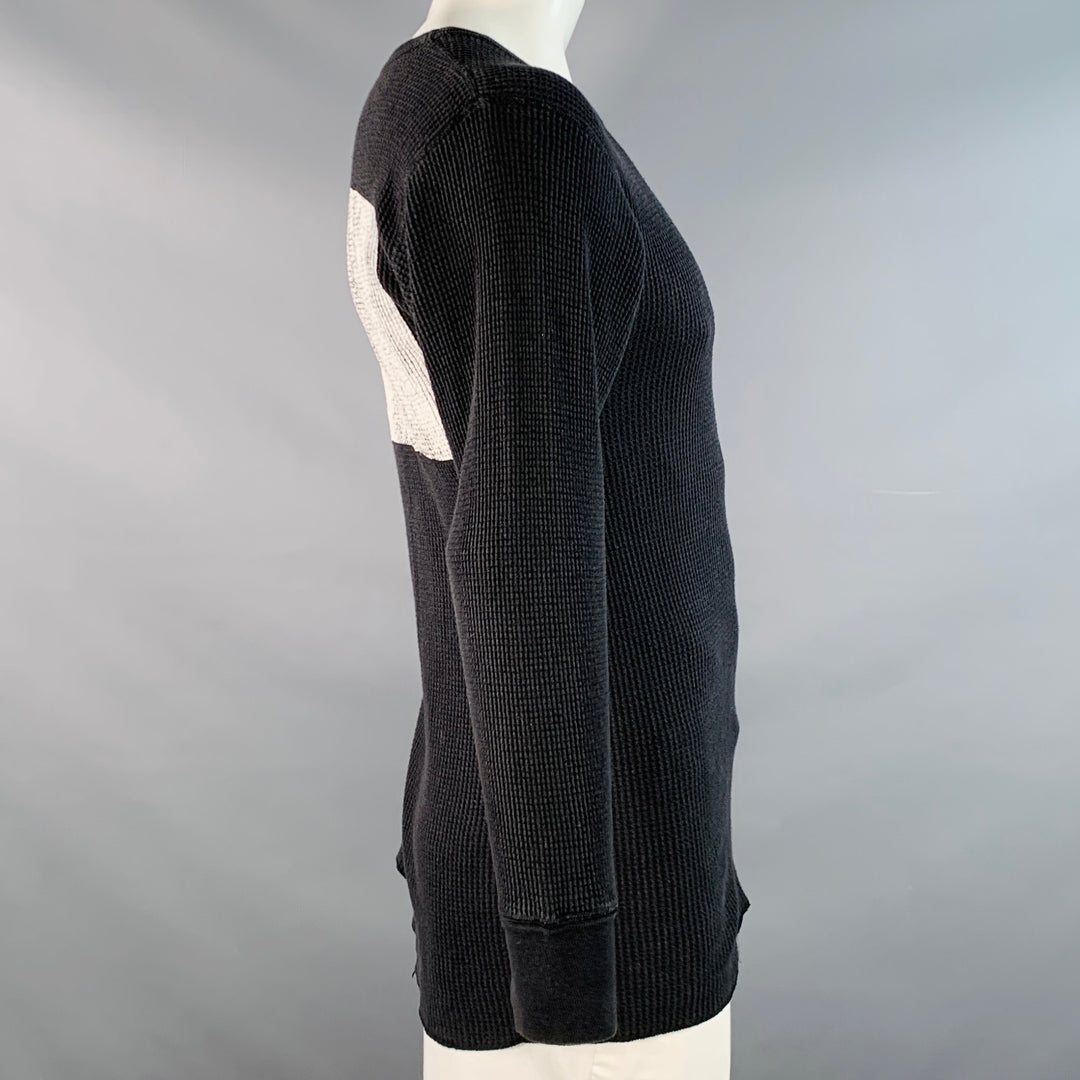 NICE COLLECTIVE Size L Black White Waffle Knit Cotton Long Sleeve Pullover