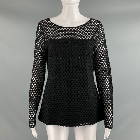 ESCADA Taille S Noir Or Viscose Polyester Découpé Manches Longues Robe Haut