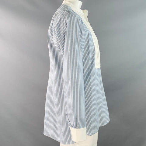 NEEDLES Size L Blue White Stripe Cotton Pleated Bib Collarless Long Sleeve Shirt
