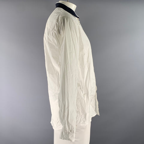 EMPORIO ARMANI Size XXXL White Blue Cotton Blend Ribbed Collar Long Sleeve Shirt