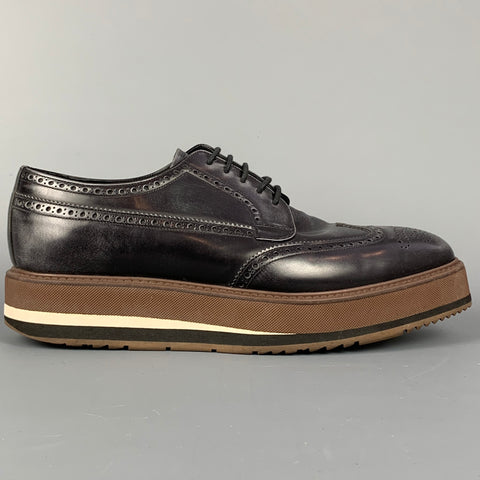PRADA Size 10.5 Black & Brown Perforated Leather Platform Lace Up Shoes