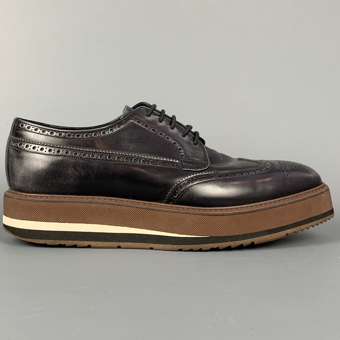 PRADA Size 10.5 Black & Brown Perforated Leather Platform Lace Up Shoes