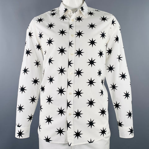 MOSCHINO Size L White Black Stars Cotton Button Up Long Sleeve Shirt