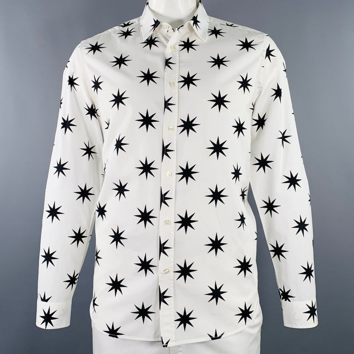MOSCHINO Size L White Black Stars Cotton Button Up Long Sleeve Shirt