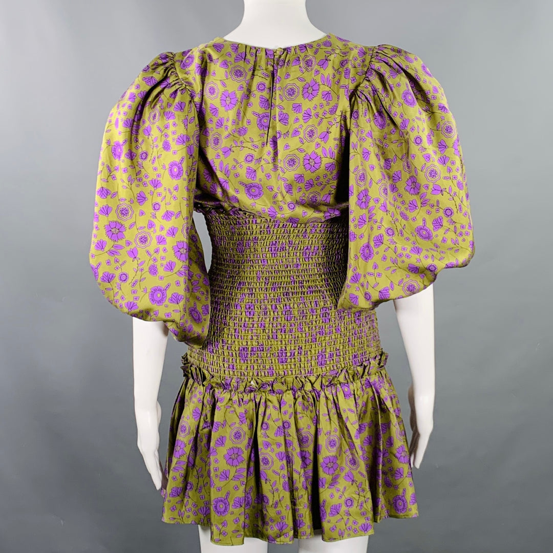 CYNTHIA ROWLEY Size XS Green Purple Silk Twill Floral Ruched Dress Sui Generis Designer Consignment CYNTHIA ROWLEY Size XS Green Purple Silk Twill Floral Ruched Dress Sui Generis Designer Consignment